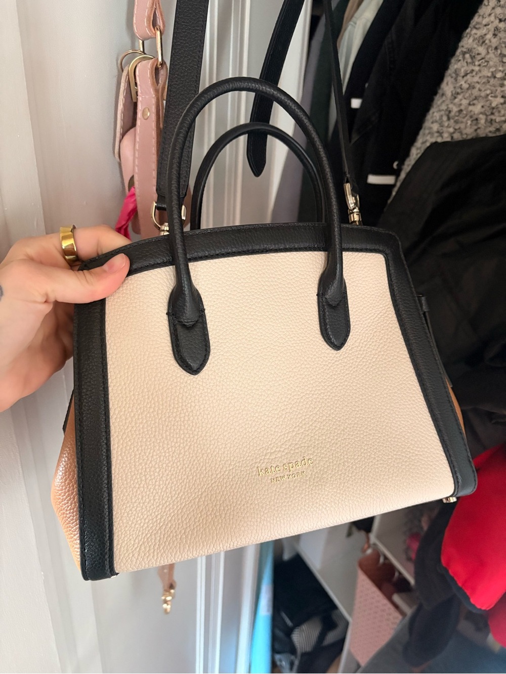 kate spade Two-Tone Pebbled Satchel in Black & Cream